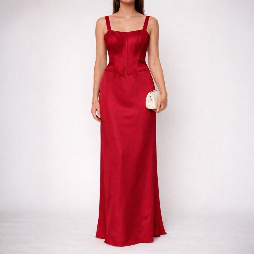 Michelangelo Lamour‎ Vintage Train Red Satin Corset Gown Dress Sz 2 Style 8323